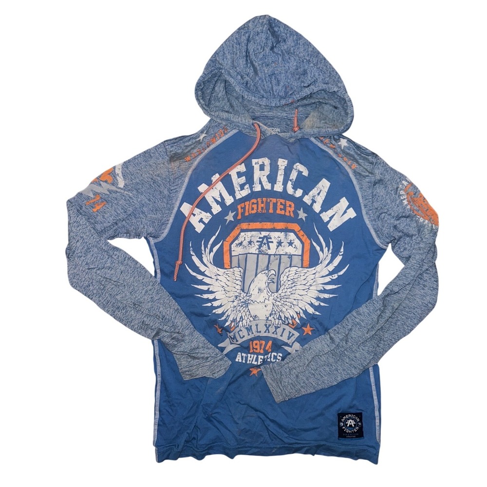 American Fighter Mens Blue Long Sleeve Graphic Hooded T-Shirt Size Small MMA